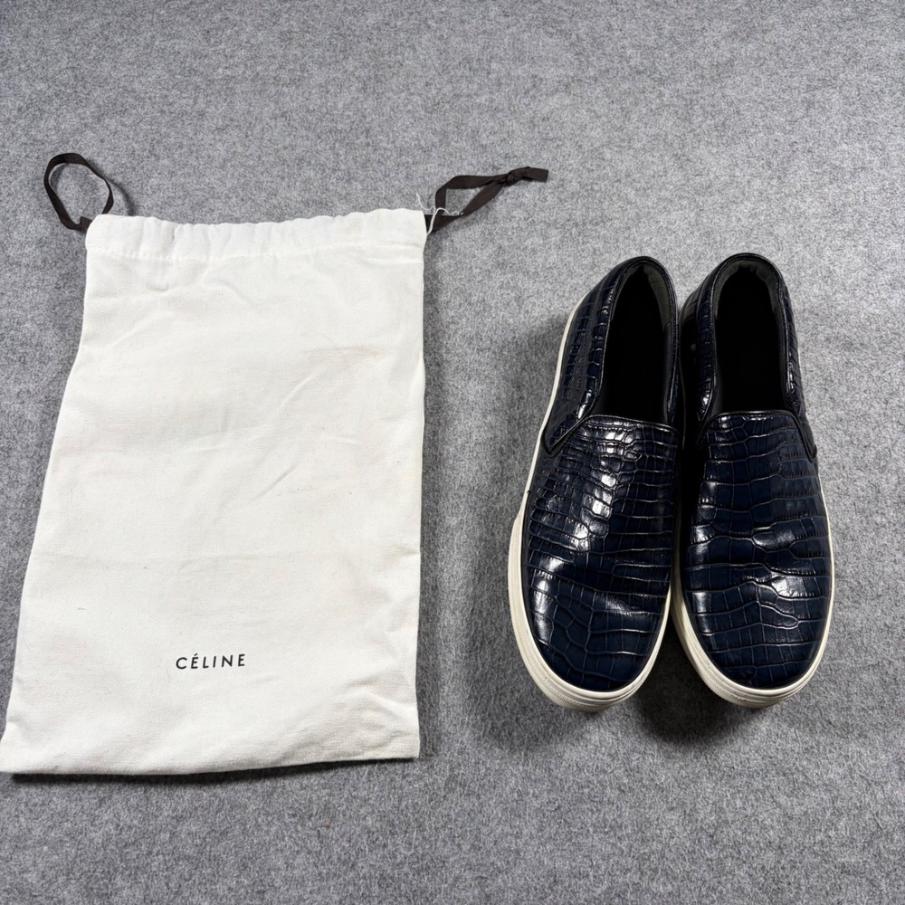 Celine Navy Blue Croc Embossed Leather Slip On Sneakers US 9.5 40 Made in Italy